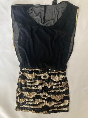 New Bebe 2b black sheer gold sequin party mini top dress